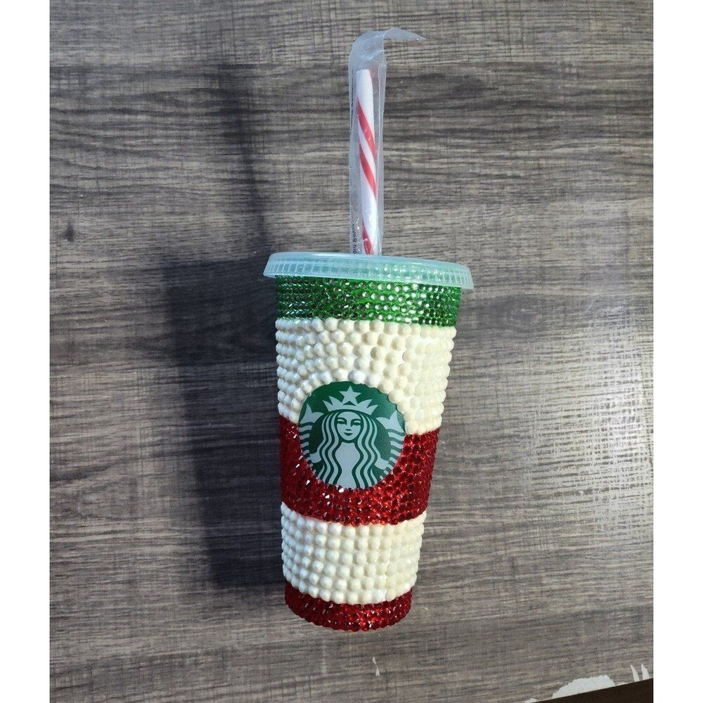 Starbucks Red Green and White Studded Diamond Tumbler Cup Bling 24oz Christmas